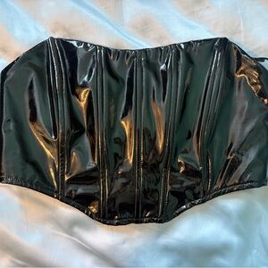 Garage Faux Shiny Black Leather Bandeau Corset Top